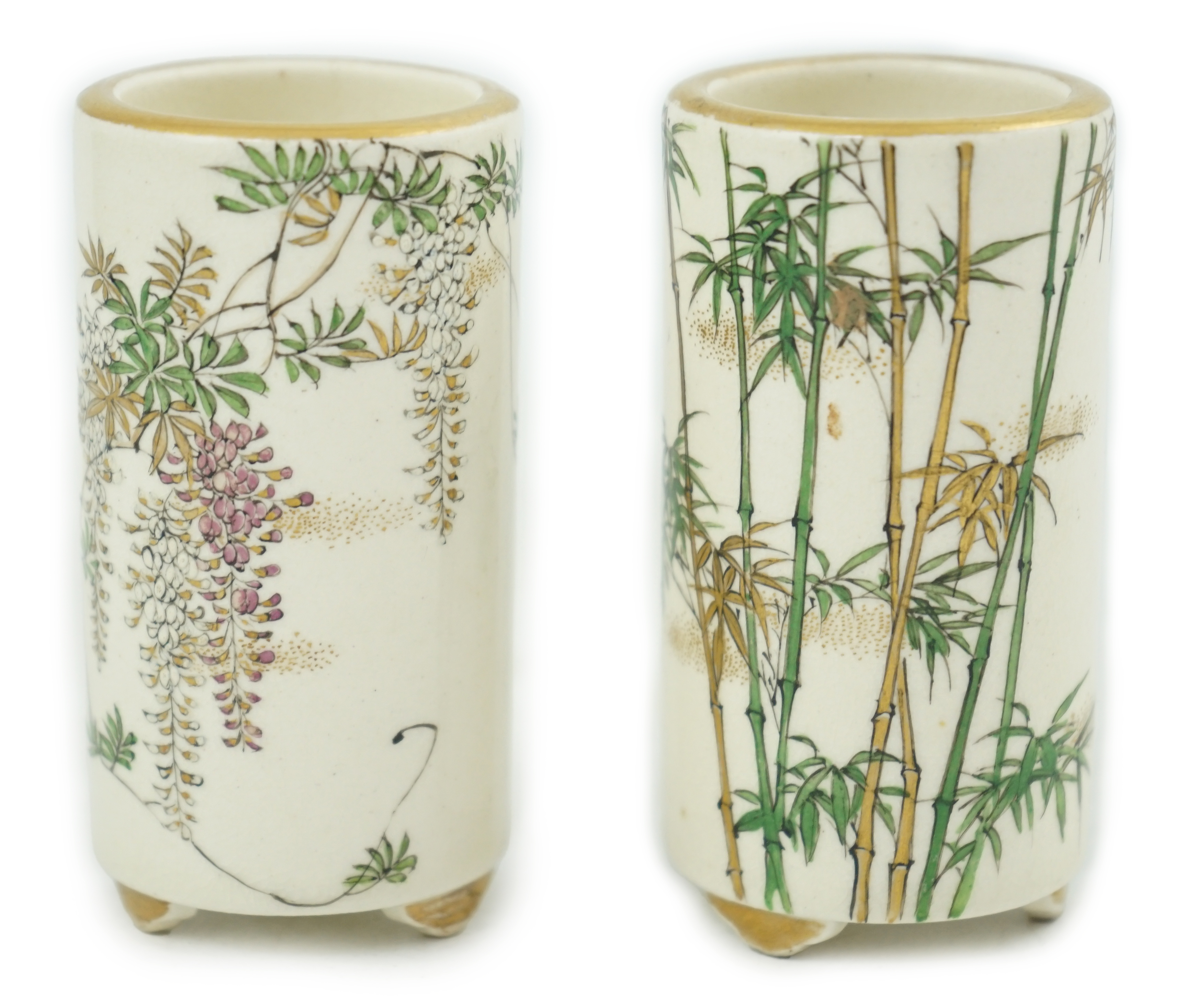 A pair of Japanese Satsuma miniature cylindrical vases, by Kinkozan, early 20th century
